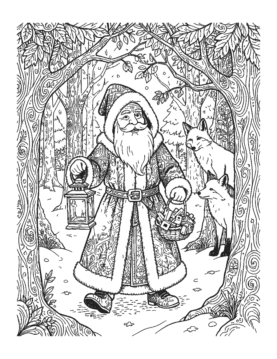 Line drawing of an old-fashioned Santa in a long robe walking through a snowy forest