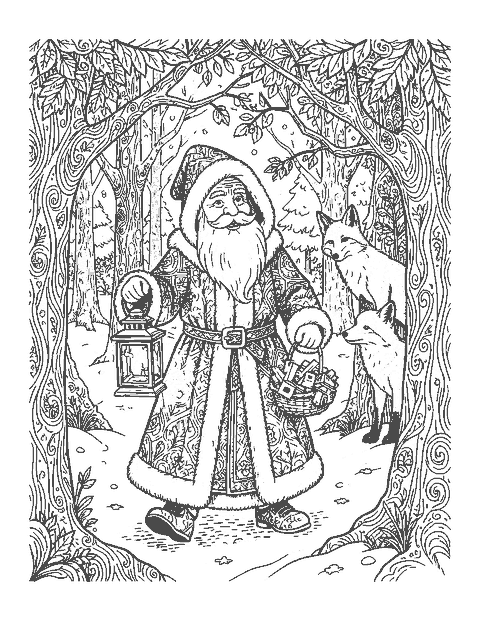 Line drawing of an old-fashioned Santa in a long robe walking through a snowy forest