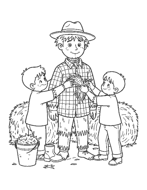 Line drawing of two children stuffing straw into a scarecrow's shirt