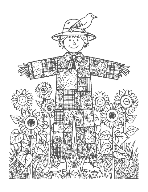 Line drawing of a scarecrow with clothes full of doodle patterns among sunflowers