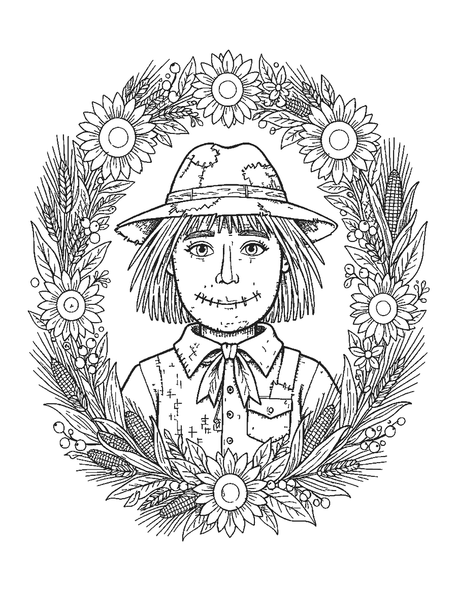 Line drawing of a scarecrow's face inside a wreath of wheat, sunflowers and corn