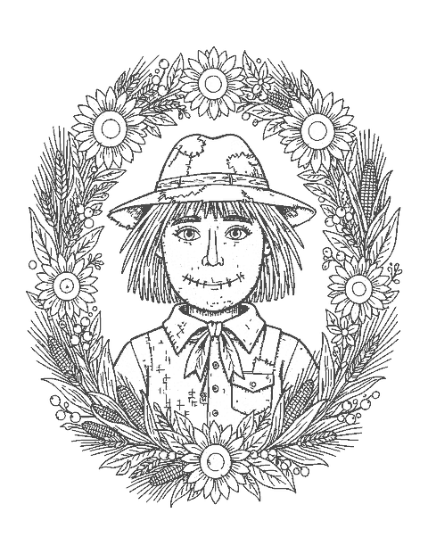 Line drawing of a scarecrow's face inside a wreath of wheat, sunflowers and corn