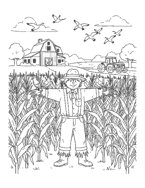 Line drawing of a scarecrow in a cornfield with crows, a barn and a tractor