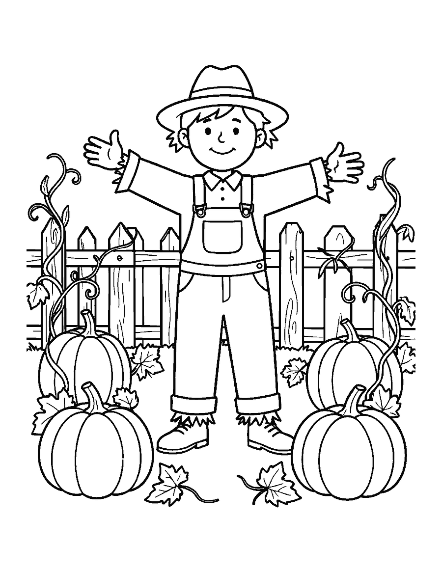 Line drawing of a scarecrow in overalls waving in a pumpkin patch
