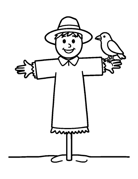 Line drawing of a friendly scarecrow with a small crow sitting on its arm