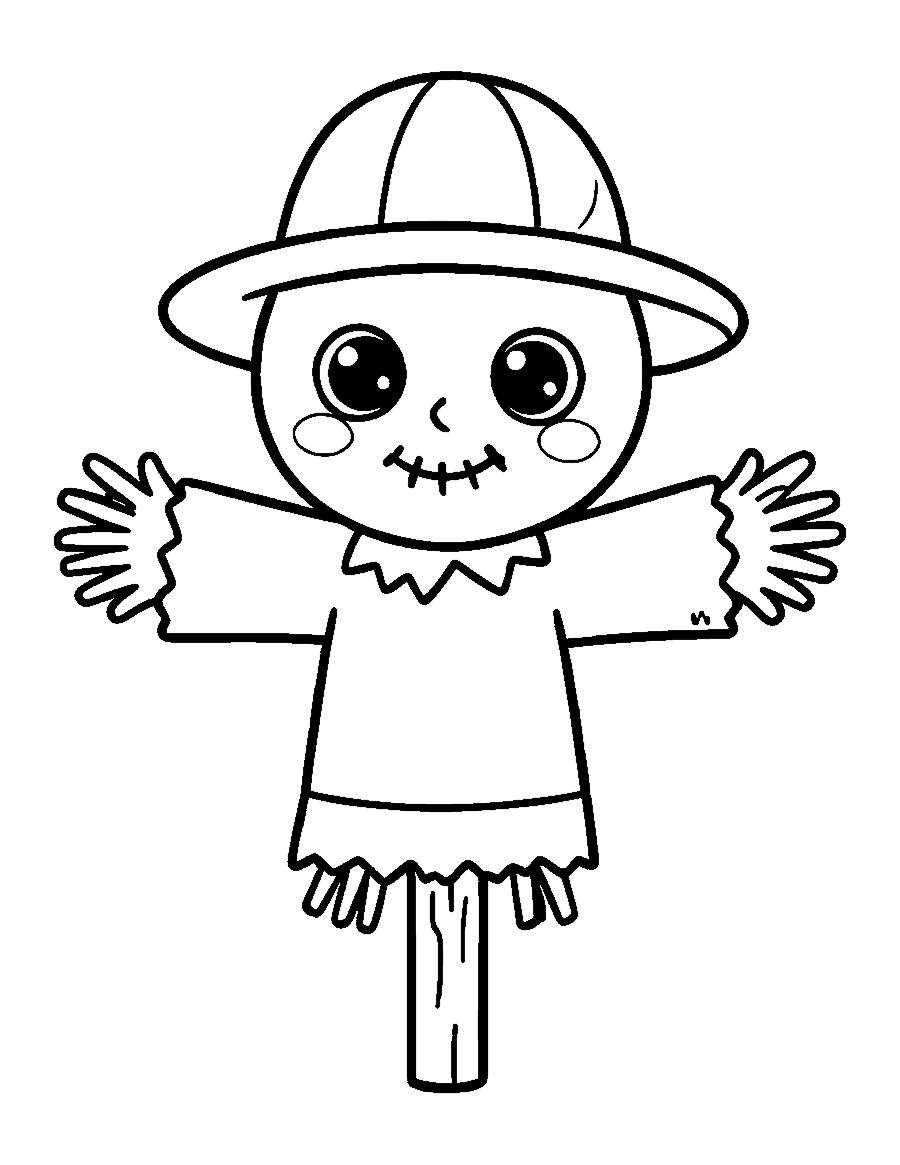 Line drawing of a cute smiling scarecrow in a patched hat on a post