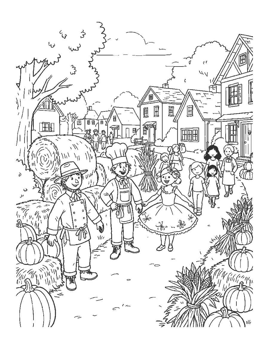 Line drawing of costumed scarecrows lining a village lane as families walk by