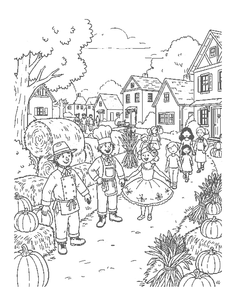 Line drawing of costumed scarecrows lining a village lane as families walk by