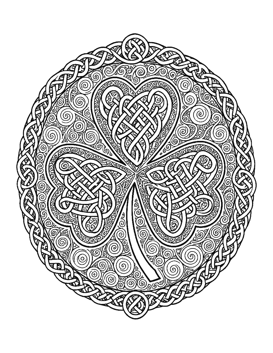 Line drawing of a shamrock filled with Celtic knotwork inside a knot border