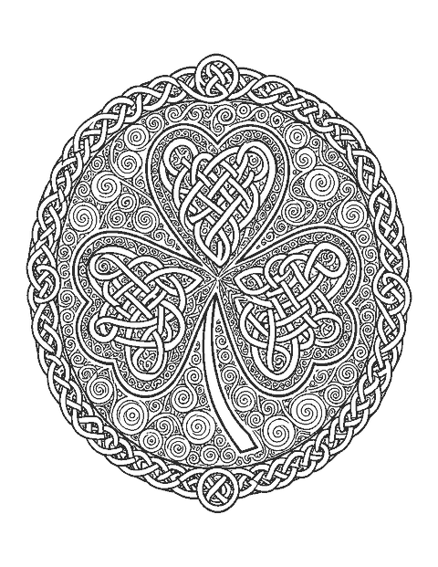 Line drawing of a shamrock filled with Celtic knotwork inside a knot border