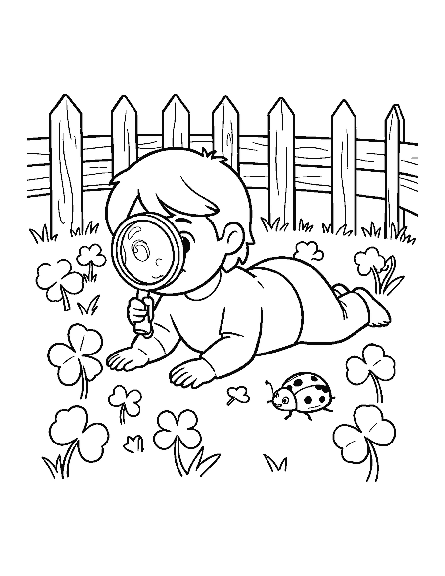 Line drawing of a child with a magnifying glass looking for clovers in grass
