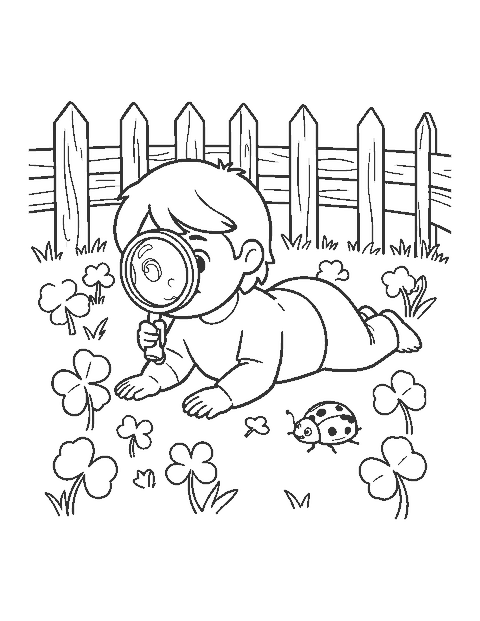 Line drawing of a child with a magnifying glass looking for clovers in grass
