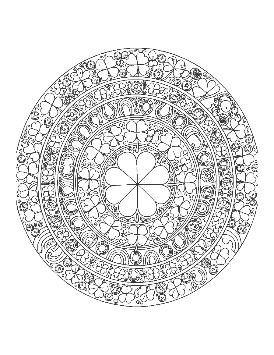Line drawing of a round mandala of clovers, horseshoes, coins and rainbows