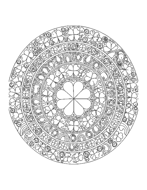Line drawing of a round mandala of clovers, horseshoes, coins and rainbows