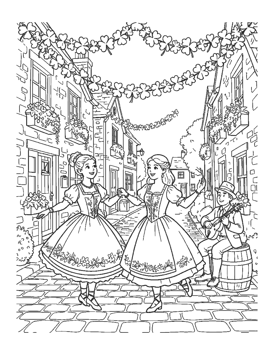 Line drawing of two Irish dancers and a fiddler under shamrock garlands on a cobbled street