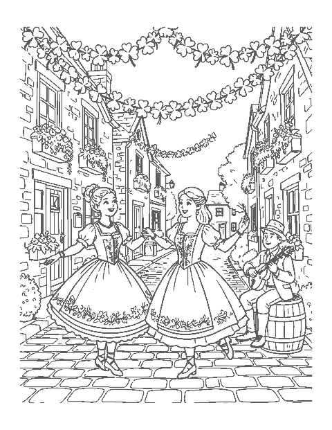 Line drawing of two Irish dancers and a fiddler under shamrock garlands on a cobbled street