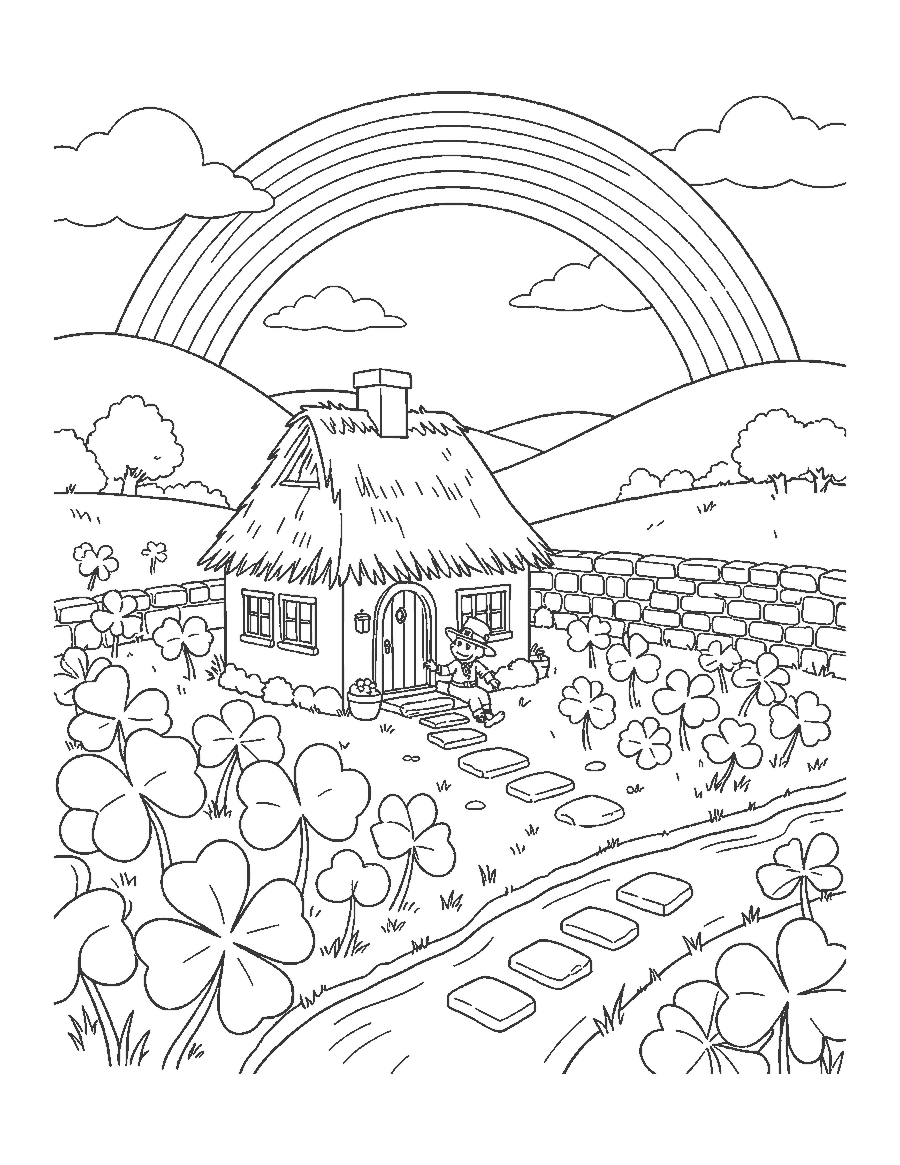 Line drawing of a leprechaun at a thatched cottage among giant shamrocks