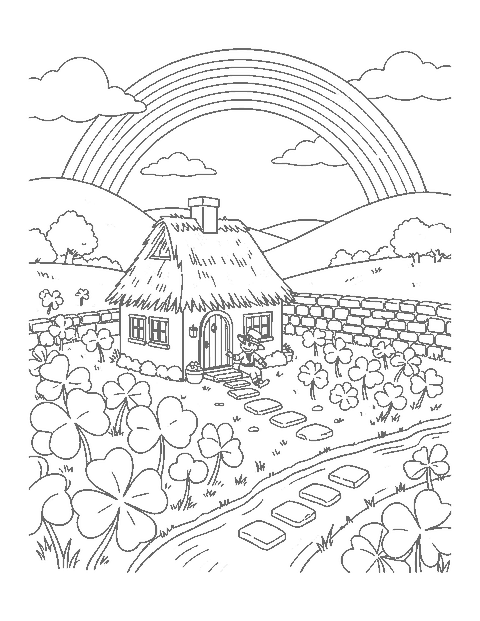 Line drawing of a leprechaun at a thatched cottage among giant shamrocks