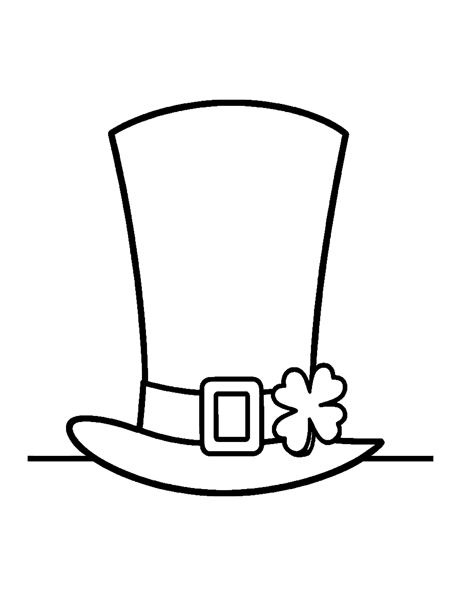 Line drawing of a tall leprechaun hat with a buckle and a shamrock
