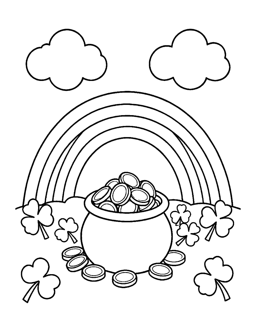 Line drawing of a pot of gold coins under a rainbow with shamrocks