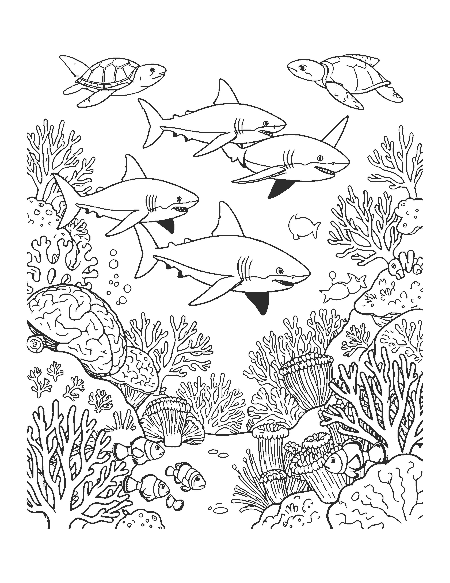 Line drawing of three reef sharks over a coral reef with a sea turtle and rays