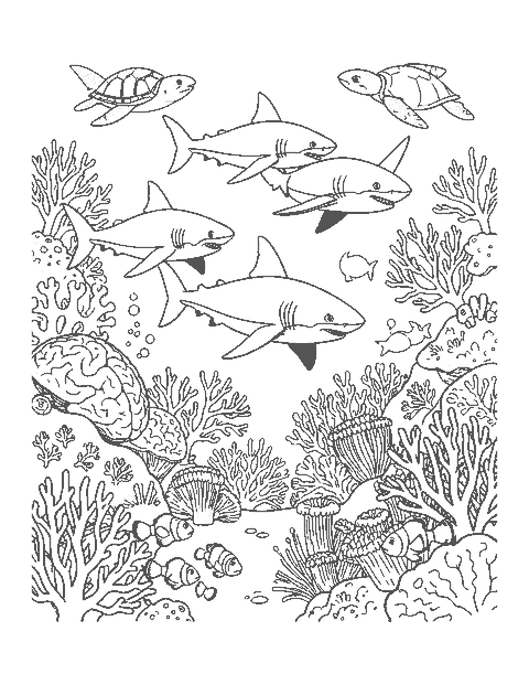 Line drawing of three reef sharks over a coral reef with a sea turtle and rays