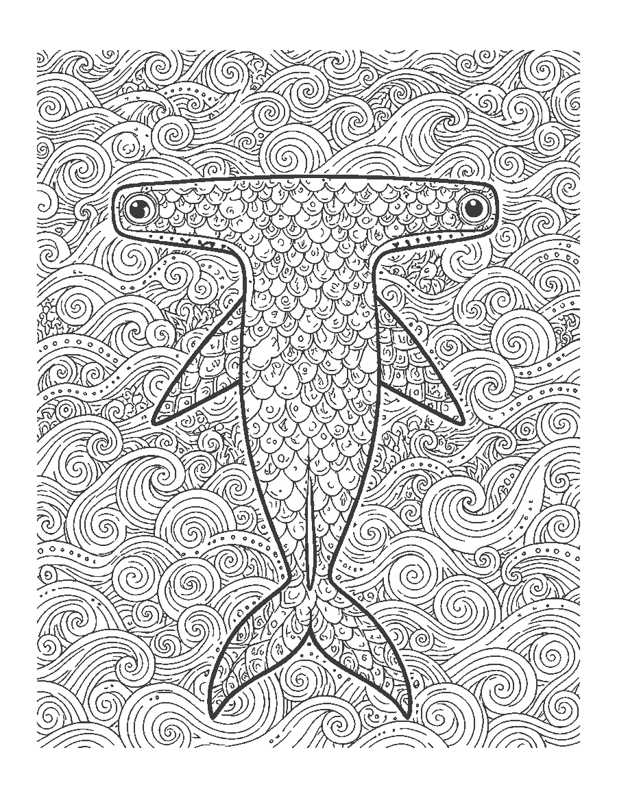 Line drawing of a hammerhead shark filled with doodle waves and scales