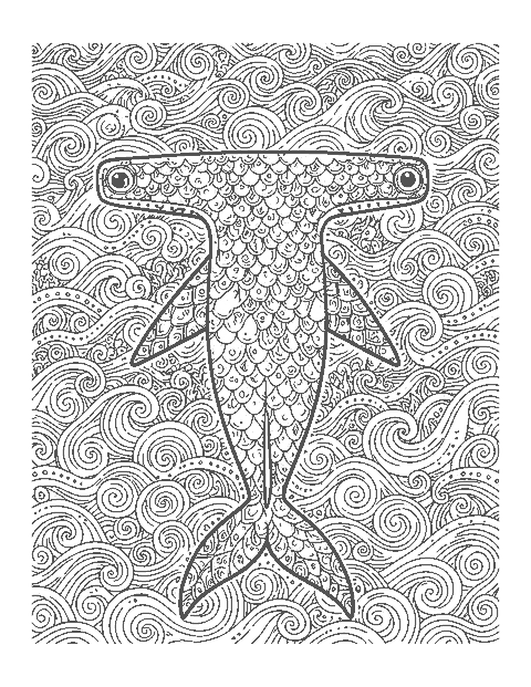 Line drawing of a hammerhead shark filled with doodle waves and scales