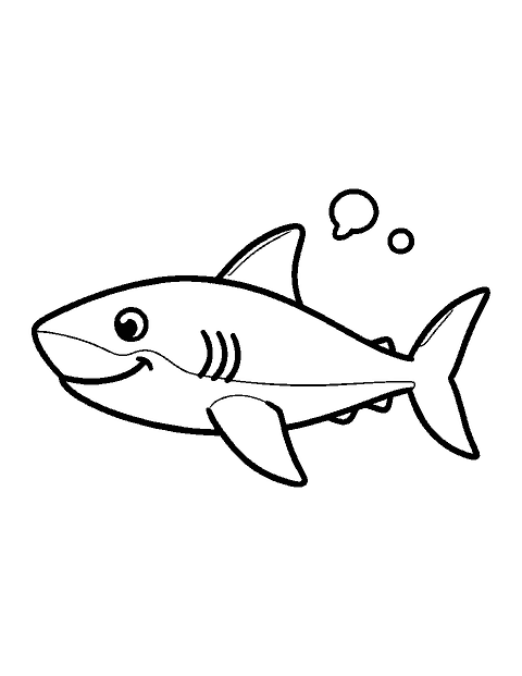 Line drawing of a smiling cartoon shark swimming sideways