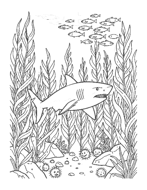 Line drawing of a great white shark swimming through a kelp forest with sunbeams