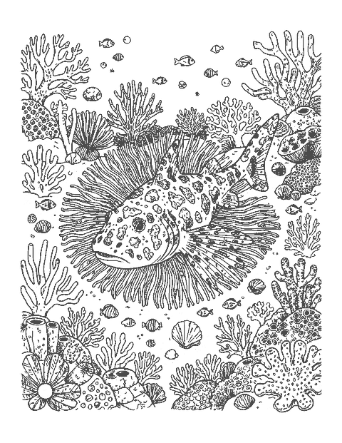 Line drawing of a patterned wobbegong shark blending into a detailed coral reef