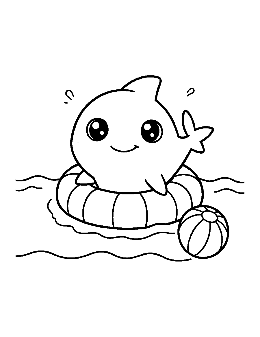 Line drawing of a cute chibi shark floating in a striped swim ring beside a beach ball