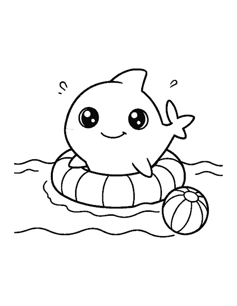 Line drawing of a cute chibi shark floating in a striped swim ring beside a beach ball