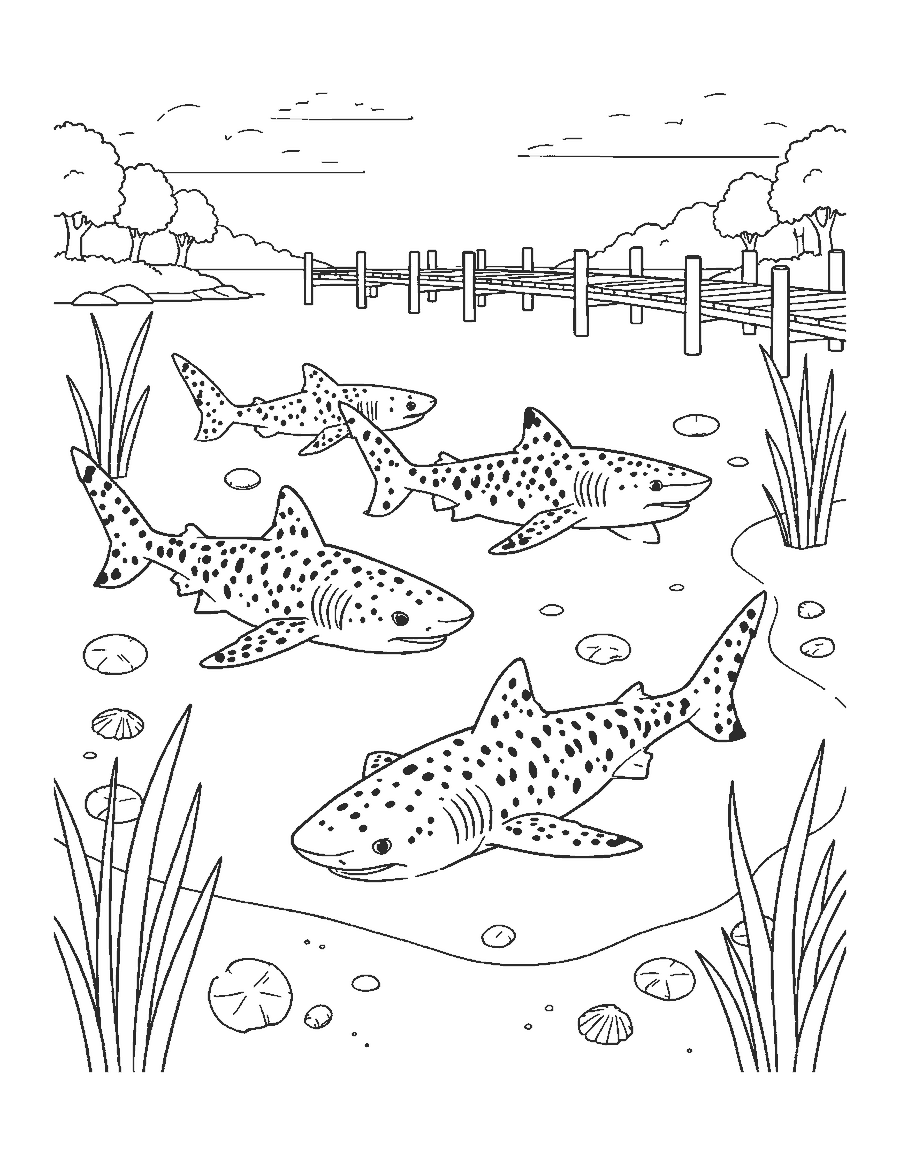 Line drawing of spotted leopard sharks in a shallow lagoon near a pier