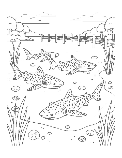 Line drawing of spotted leopard sharks in a shallow lagoon near a pier