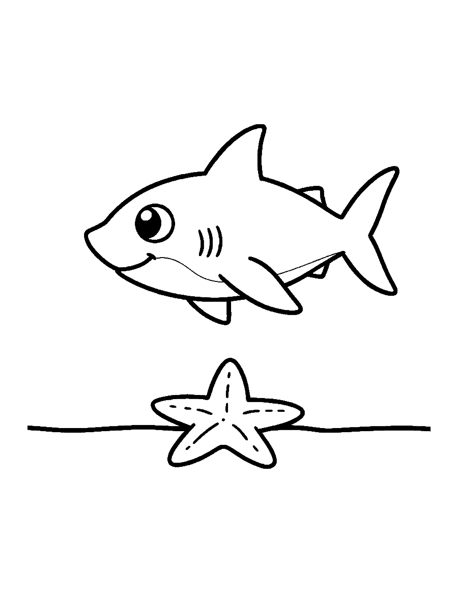 Line drawing of a small shark pup swimming above a starfish on the sand