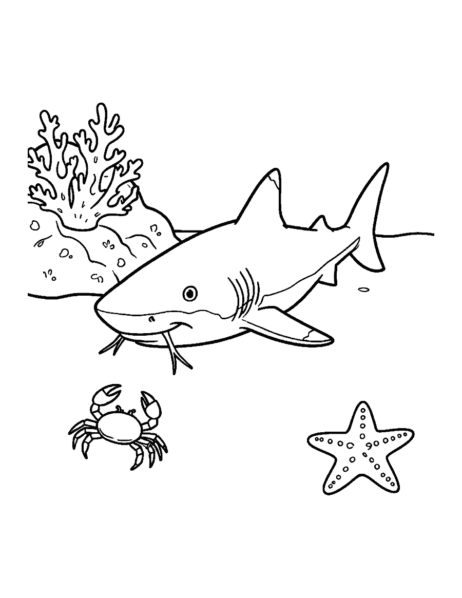 Line drawing of a nurse shark resting on sand beside a coral rock and a crab