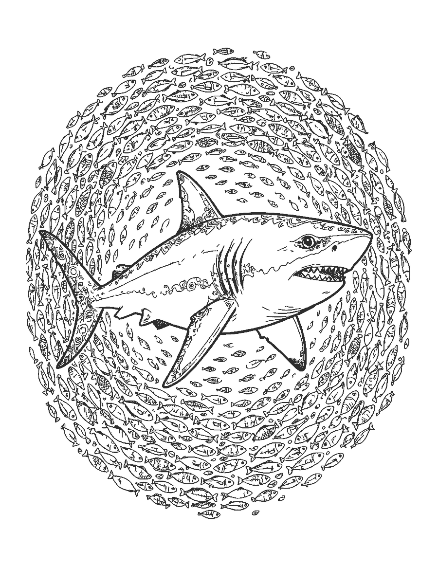 Line drawing of a realistic great white shark with its mouth closed and a swirling school of fish