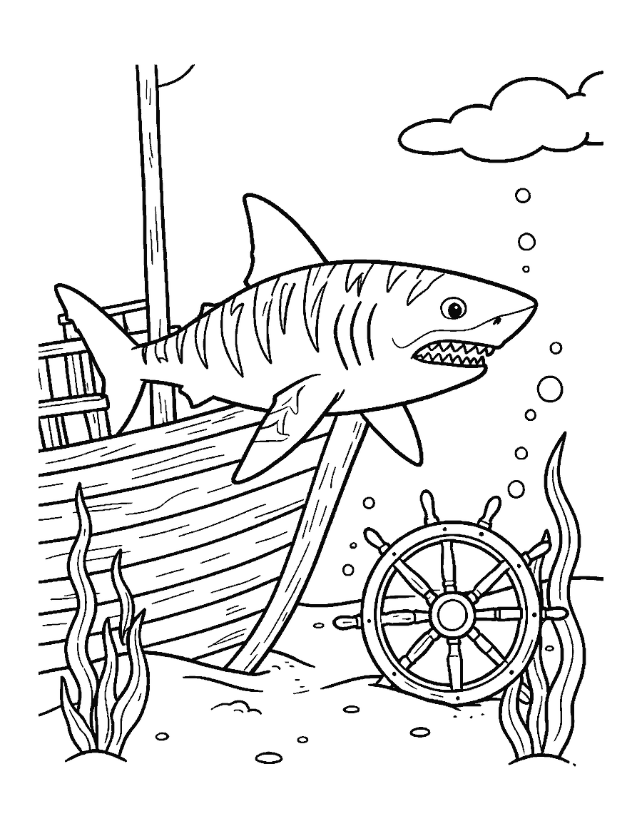 Line drawing of a striped tiger shark swimming past a sunken wooden ship