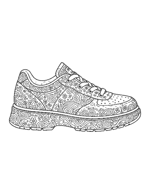 Line drawing of a large sneaker with every panel filled with doodle patterns