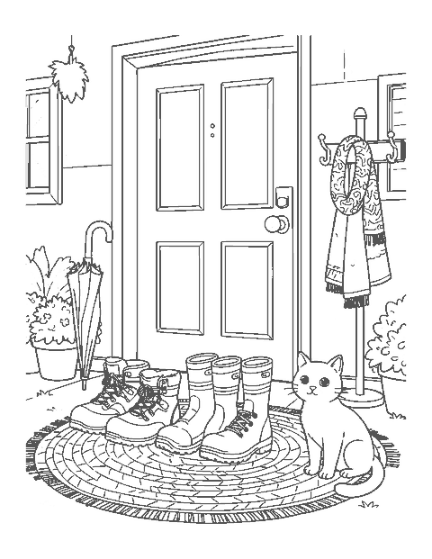 Line drawing of pairs of hiking, rain and snow boots lined up by a back door with a cat