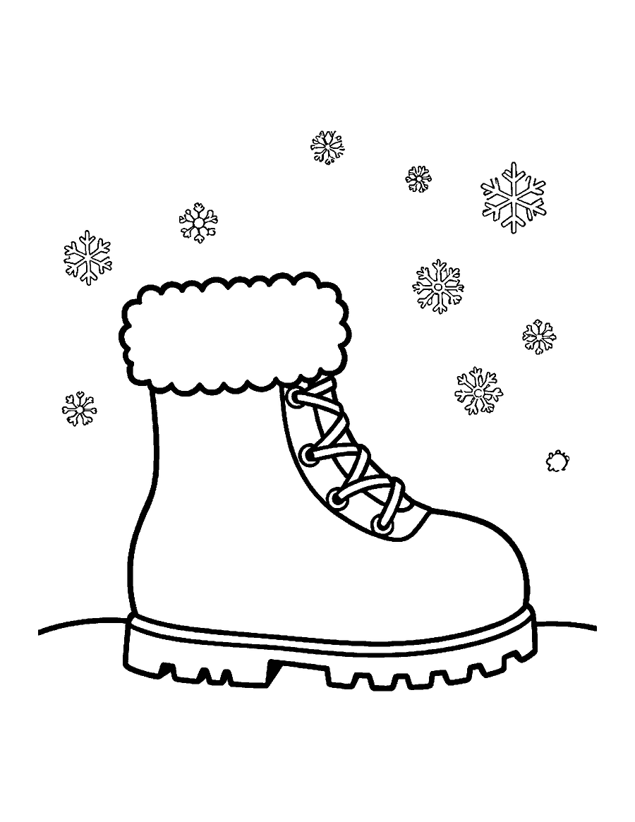 Line drawing of a fluffy snow boot with a furry cuff on snowy ground