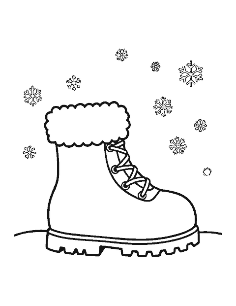 Line drawing of a fluffy snow boot with a furry cuff on snowy ground