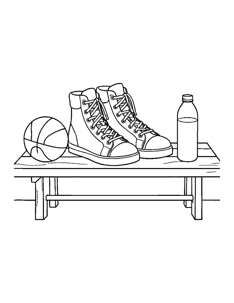 Line drawing of a pair of high-top sneakers on a bench beside a basketball