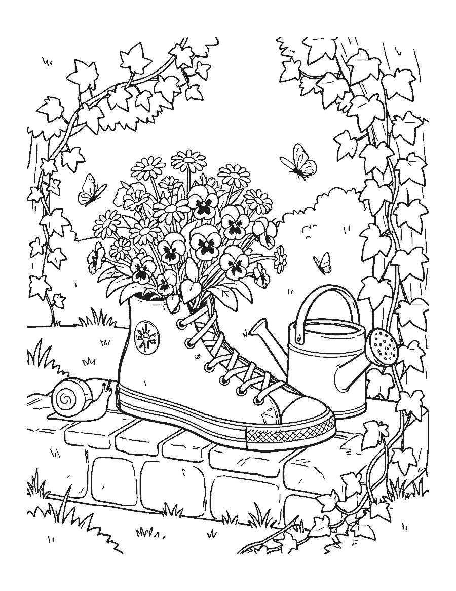 Line drawing of an old high-top sneaker planted with daisies and pansies on a garden wall
