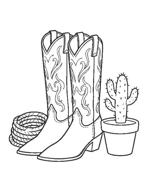Line drawing of a pair of cowboy boots with swirly stitching beside a rope and a cactus