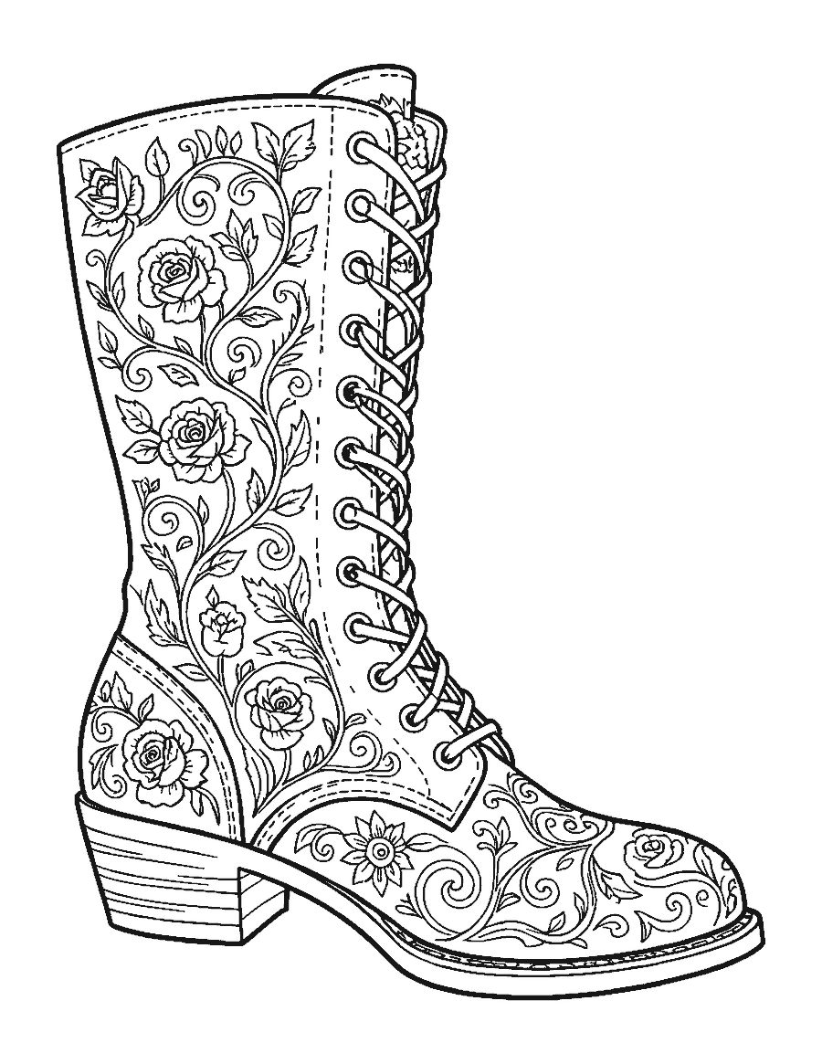Line drawing of a tall vintage lace-up boot covered in embroidered roses and scrollwork