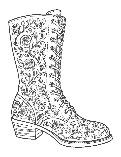 Line drawing of a tall vintage lace-up boot covered in embroidered roses and scrollwork