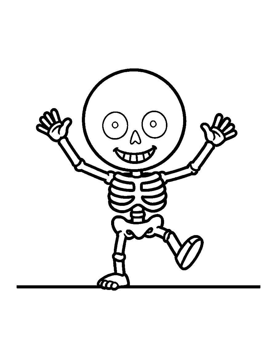 Line drawing of a smiling cartoon skeleton dancing with one leg kicked up