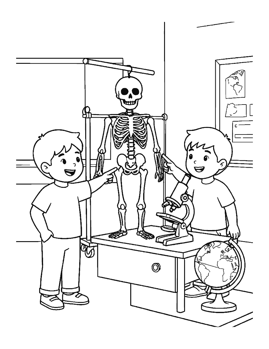 Line drawing of two children looking at a skeleton model in a classroom